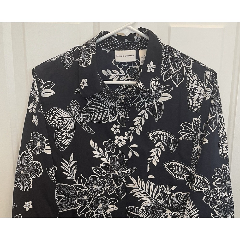 Alfred‎ Dunner Black Floral Butterfly Print 3/4 Sleeve Button Up Womens 16 Boho